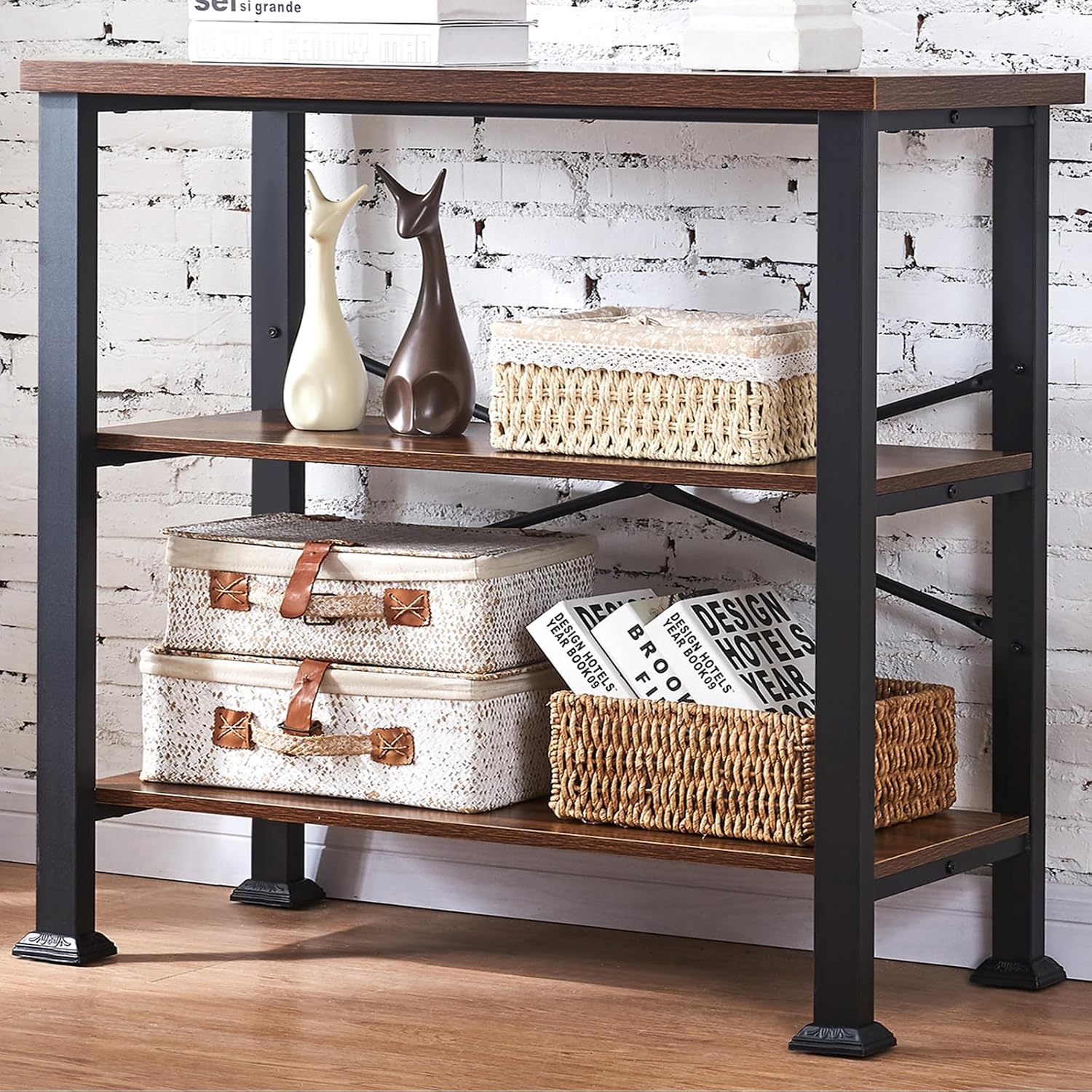 Hombazzar 3 Tier Book Shelf,31.5" Wide Rustic Brown Short Bookshelf | Multipurpose Design for Living Room,Office,Bedroom. Retro Industrial Design,Stability,Adjustable Feet,Easy Assembly Hombazzar 3 Tier Book Shelf,31.5" Wide Rustic Brown Short Bookshelf | Multipurpose Design for Living Room,Office,Bedroom. Retro Industrial Design,Stability,Adjustable Feet,Easy Assembly - Image 1