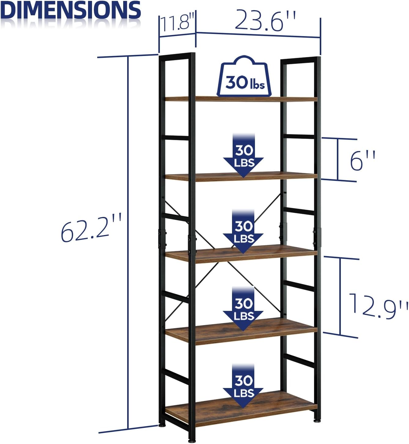 Industrial Style 5-Tier Bookshelf - Hình 3