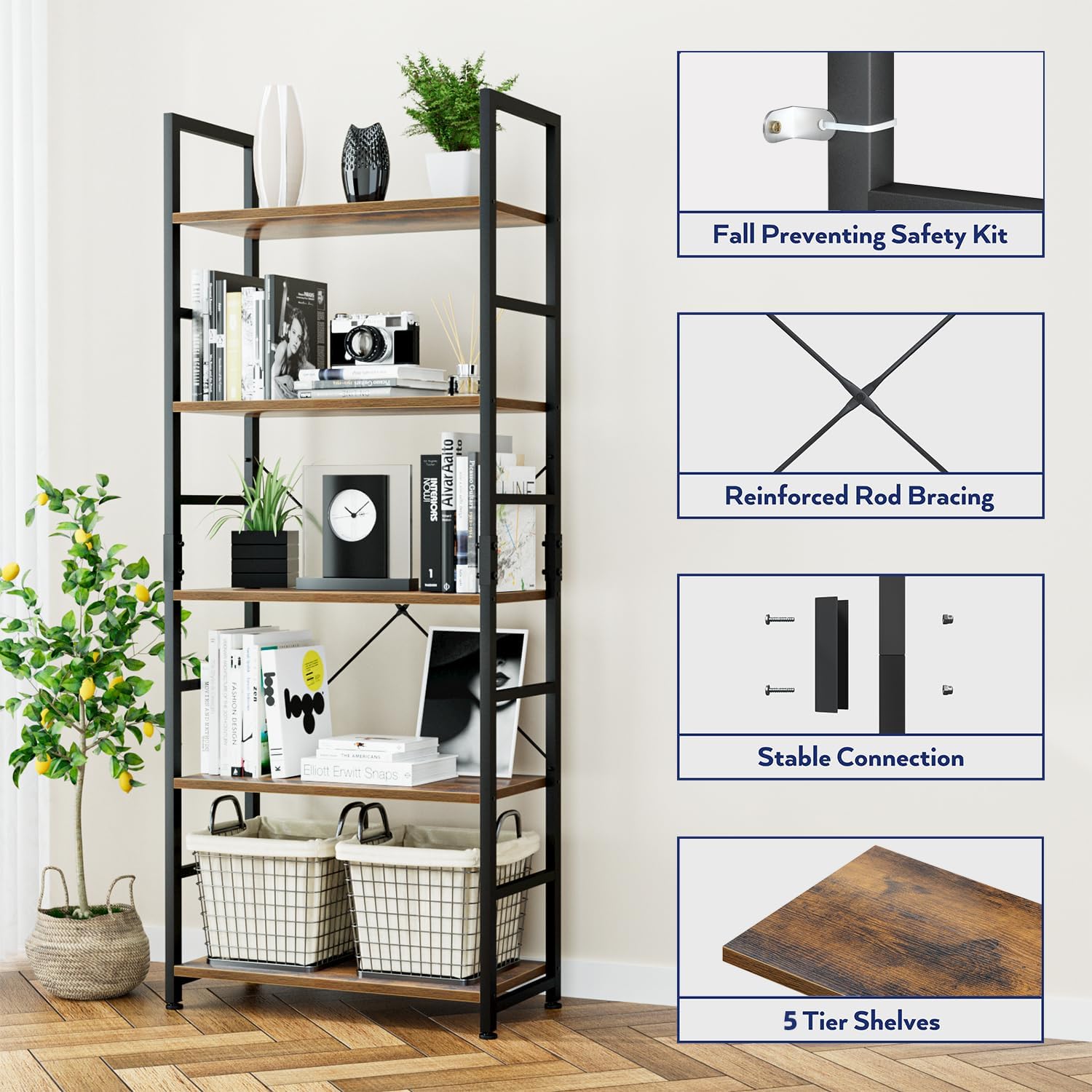 Industrial Style 5-Tier Bookshelf - Hình 5
