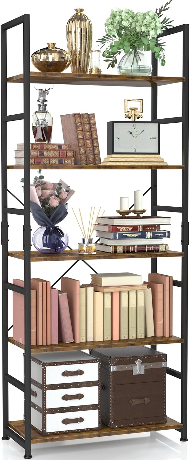 NUMENN 5 Tier Bookshelf, Tall Freestanding Open Storage Bookcase, Vintage | Storage Organizer with Metal Frame & Wood Shelves, Support Bars & Adjustable Feet for Bedroom, Living Room & Home Office