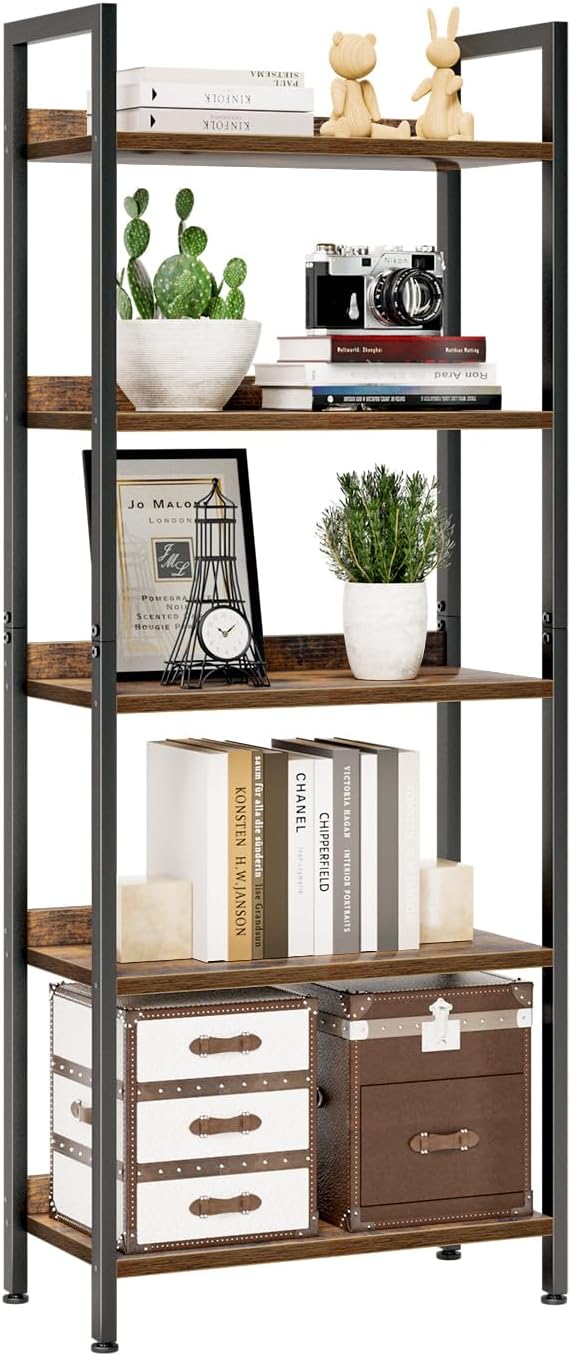 NUMENN Bookshelf, 5 Tier Freestanding Shelving Unit, Vintage | Metal Frame & Wood Shelves, Falling Prevention Baffle, Open Storage Bookcase for Bedroom, Living Room & Home Office