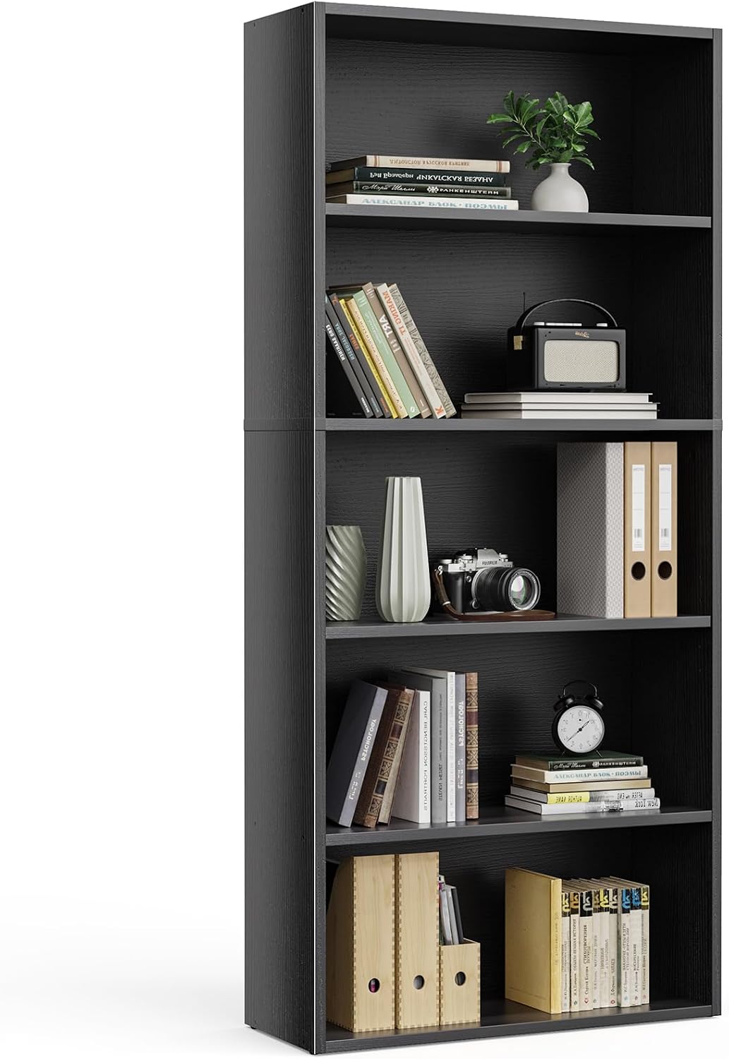 Sweetcrispy Tall Bookshelf, Book Shelf, Storage Organizer | 5 Tier Bookcase, 53 Inch Shelf Floor Standing Corner Unit, Living Room, Home Office, Kitchen, Bedroom, Black Wood